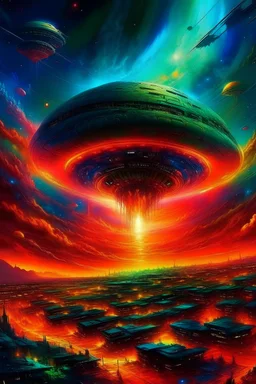 The world had never seen a sight like this before. The sky was ablaze with a kaleidoscope of colors as a massive alien mothership descended upon Earth. Panic and confusion swept through every corner of the planet as people gazed in awe and terror at the colossal craft. Governments around the world scrambled to decipher their intentions.