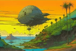lush dense jungle, sunset, horizon view spacecraft wreck by moebius