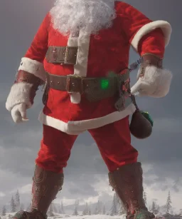 wide angle shot of the santa claus, red and green armor with emissive energy flowing in the chest, mystical geometric patterned textures, intricate, highly detailed