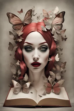 harley quinn. A book sculpture featuring a intricate paper cutout of a portrait of a beautiful woman surrounded by butterflies, pop-up elements, beautiful, whimsical, highly detailed, Catrin Welz-Stein and Brooke Shaden and Harrison Fisher and Marx Blair