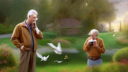 confused older man on the phone in his backyardxc trying to get the ducks to leave