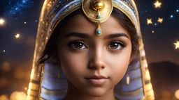 little very young Egyptian girl, beautiful, peaceful, gentle, confident, calm, wise, happy, facing camera, head and shoulders, traditional Egyptian costume, perfect eyes, exquisite composition, night scene, fireflies, stars, Himalayan view, beautiful intricate insanely detailed octane render, 8k artistic photography, photorealistic concept art, soft natural volumetric cinematic perfect light, chiaroscuro, award-winning photograph, masterpiece, Raphael, Caravaggio, Bouguereau, Alma-Tadema
