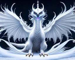 a detailed illustration of a white dragon with owl-like head, a white dragon with white owl head, realistic, detailed, dragon with fairy-like transparent glowing and sparkly wings standing in snow, silver lightning to the edges of the wings, glowing soft and smooth wings, fantasy art, highly detailed, intricate patterns on wings, shiny snowy background, soft studio lighting, foggy shiny smooth background, unreal engine, 64k