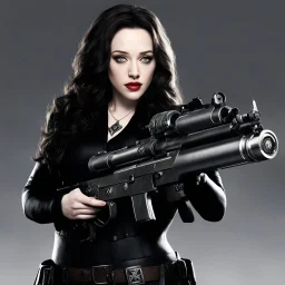 Kat Dennings holds The Deicide, a weapon of immense power, forged in the depths of hell itself, brushed nickel. The double trigger system, a design that ignites the imagination. The grenade launcher, a destructive force to be reckoned with. And the pentagram, a symbol of ultimate power and darkness. The God Killer in hell, a story waiting to be told through art.