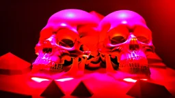 anatomically correct human skulls stacked into a pyramid, unusual neon lighting, high velocity, 64k, dystopian, vray, steampunk