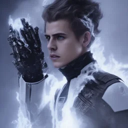 All Black Hayden Christensen soldier, ghost, wearing high tech mask, white smoke, dark, rage, sorrow, high definition, ultra 8 k, volumetric lighting, blue fire, fog