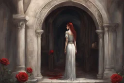 Circe was standing there, a touching creature with a red rose in her hand. The girl seemed so tiny in the huge arched doorway. Circe's eyes were sad, swollen and reddened from crying.