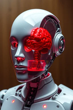 PHoto of red brain on robot face with in side. A whole head inside a glass cylinder connected with wires to main computer