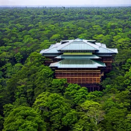 top view a open top huge library in forest with fireflies around trees that have wide leaves and broad trunked at night with moonlight.