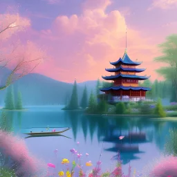jolie petite maison asiatique lacustre, lac turquoise, ciel rose et bleu, lumière, fleurs délicates, ambiance très réelle, 8k
