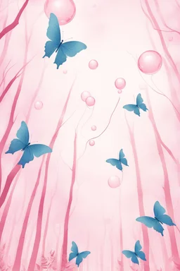 Butterflies and bubbles flying up to the sky through a pink birch forest
