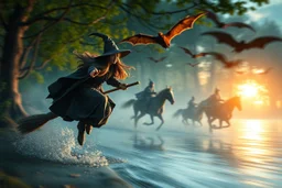 volumetric light, oil painting ,evening and motion blur running caped long haired witch on skies and in front of broom Quickling - Forgotten Realms dodging flying bats above water and along winding branches in lush green forest along speeding horses , bokeh like f/0.8, tilt-shift lens 8k, high detail, smooth render, down-light, unreal engine, prize winning