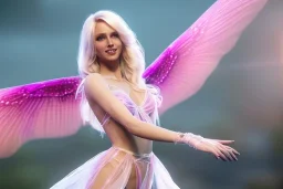  beautiful fairy very etheric, nice smiling, long blond hair, magic glamour pink make up, delicate colors, complete vision of very transparent and big wings, beautiful glamour transparent dress, ultra sharp focus, 8k, unreal engine 5, extremely sharp detail, light effect, soft light atmosphere, smooth, full of details, face in front, complete vision of face and hair and of the body