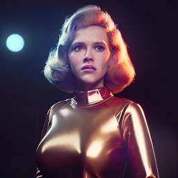 Ultra Realistic retro sci-fi portrait New York image from 1960, many explosions, sweet young Jane Fonda, tight latex suit, weapon, fighting stance, soft color, highly detailed, unreal engine 5, ray tracing, RTX, lumen lighting, ultra detail, volumetric lighting, 3d, finely drawn, high definition, high resolution.