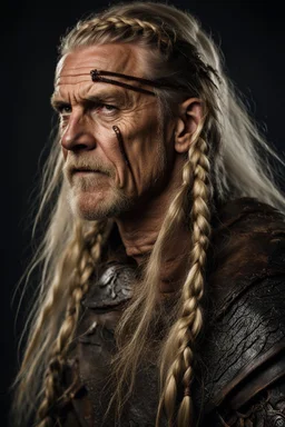 portrait of a 60-year-old viking ,blonde beard and long blond hair with Two small braids. Rugged face with a scar on his cheek. dark fantasy