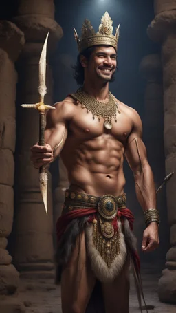 Hyper Realistic shirtless muscular handsome short black hair Indian King smiling wearing crown & holding bow & arrow in dark catacombs with traditional pillars at night