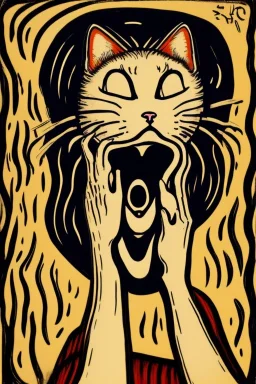 Cat holding her head with her hands. The scream Edvard Munch. Painting style of Edvard Munch