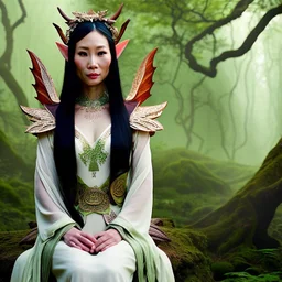 A beautiful as a model asian woodland elf princess who looks like Lucy Liu seated on a throne in a mystical forest