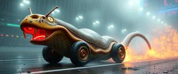hyper olympic, race car soccer mom horrible space slinky boa slug in the style of giger, in fog and spectacular spark rain