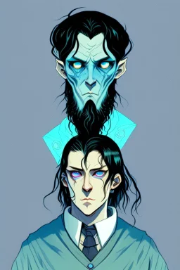 young black haired blue eyed wizard in the style of lovecraft