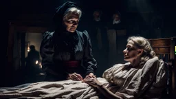 cinematic photograph set in a dimly lit, old-fashioned little village room. An elderly midwife dressed in a vintage black dress and black European headscarves stands beside an old wooden bed, her gaze focused on a young blonde woman lying down. The young woman wears a linen dress, her face hidden by the shadows cast by the sparse lighting and her long hair. The atmosphere is sinister, tense and dramatic, with a sense of impending danger and high detail, creating a realistic and sharp focus