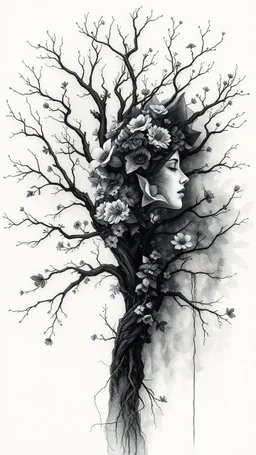 double exposure dry tree with fantasy flowers and profil one fairy face, black and gray watercolor illustration with weet ink, deep dark , surreal, dramatic atmosphere. intricate, stunning textures , mystery. stunning illustration