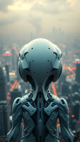 Photoreal Gorgeous godlike white alien cyborg rear view looking over a futuristic nuclear distraction of a city , otherworldly creature, in the style of fantasy movies, photorealistic, bokeh masterpiece smooth shading, ultra detailed, high resolution, cinematic, unreal 6, subtle shadows, octane render, 8k, cinema 4d, HDR, dust effect, vivid colors