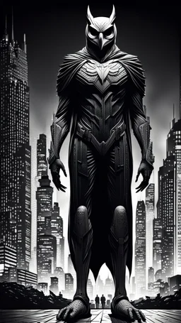 Owlman linear image full body, black and white color fondo ciudad