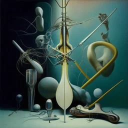 multiverse-like complex surgical instruments,Abstract painting formed by a mix of human flesh-like surgical instruments and universe-like musical instruments,neuralink,minimalism,Painting By Adrian Ghenie, Rene Magritte, Salvador Dali, Lucian Freud