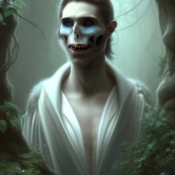 portrait of vampire poet wearing soft robes and blue gloves holding hairy skull & scroll,dark stone statue, lively eyes,hidden hands, framed by foliage, shiny eyes,