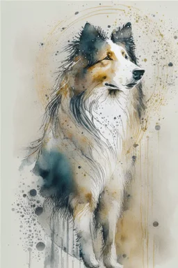 Abstract wet watercolour of a rough collie, ink lines, interlinked circles,