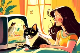 beautiful brunette woman watching tv with a cat, children's book illustration in style of Brigette Barrager, Sven Nordqvist and Nicole Rubel in sunshine