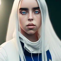 Billie Eilish, full body, on the bed, in my underwear, pale skin, high detail, realistic, 8k, not to be distinguished from a photo, identical pupils