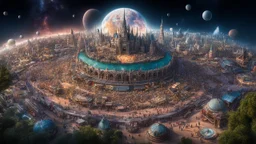 Wide-angle photorealistic fantasy cityscape of unearthly delights in the multiverse
