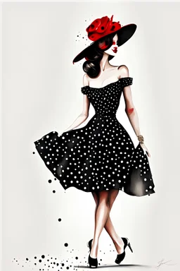 Romantic lady wearing black with white polka dot dress and red hat and high heels, no cropping, white background