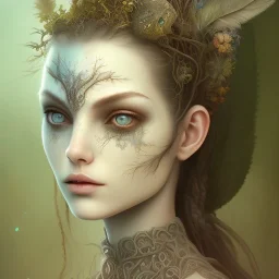 karlan, plant metal, feathers, Dryad, fae, sidhe, ominous, nature, plants, wildflower, facepaint, dnd character portrait, intricate, oil on canvas, masterpiece, expert, insanely detailed, 4k resolution, retroanime style, cute big circular reflective eyes, cinematic smooth, intricate detail , soft smooth lighting, soft pastel colors, painted Renaissance style, 800mm lens