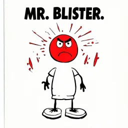 Mr. Men children's book aesthetic title text "Mr. Blister" with a simple color drawing of a whimsical anthropomorphic angry red pulsing blister sore with pain lines emanating, composition in style of Roger Hargreaves, negative white space