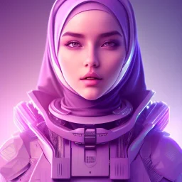 Cute girl face in hijab, Sci-fi character, purple backlight, pink and purple, scifi suit, profile, purple background, pink lighting