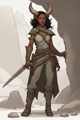 A DnD character. A female horned Tiefling ranger with pointy ears standing in a cave. The Tiefling has a little pterosaurs on her shoulder and a rapier in her hand.