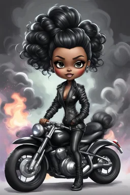 Create a digital airbrush illustration of a chibi cartoon full figure black female riding a sports motorcycle. She is wearing tie dye and black tights with biker boots. Prominent make up with log lashes and hazel eyes. Extremely highly detailed black shiny wavy hair up in a messy bun. Background of smoke surrounding her and the bike and she's at a bike show.