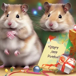 foto realistic hamster with party had and present with a card happy birthday written on it