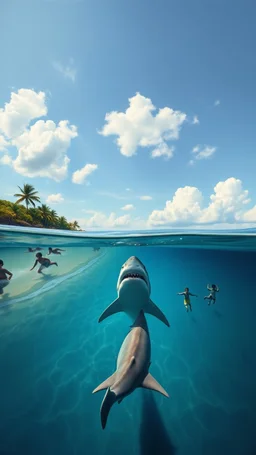 A view of a white shark under the water near a beach where children are swimming , a half view over the water in style painting of Bosch style