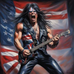 Eddie from Iron Maiden as a muscular heavy metal guitarist with long black hair, wearing sleeveless leather suit in pattern of British Flag, screaming on stage, playing guitar, professional concert photography, spotlight, intricately detailed, cinematic, matte oil painting, dynamic composition