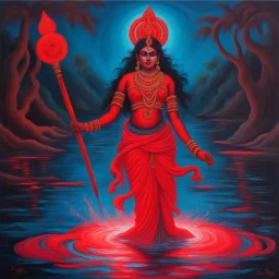 An oil painting of goddess Kali crossing a lake neon red colors