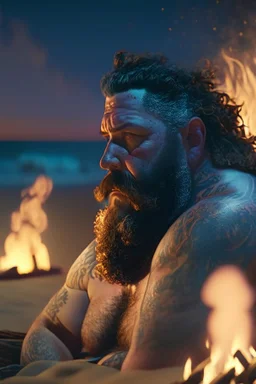 photography of a sicilian baywatcher burly sweat chubby 44 years old , swimwear, manly chest ,tattoo, curly hairs, long beard, relaxing on a beach at midnight , illuminated by bonfire, photorealistic, 8k, Canon EOS, 35mm lens, , unreal engine, greg rutkowski, loish, rhads, beeple, makoto shinkai and lois van baarle, ilya kuvshinov, rossdraws, tom bagshaw, alphonse mucha, global illumination, detailed and intricate environment