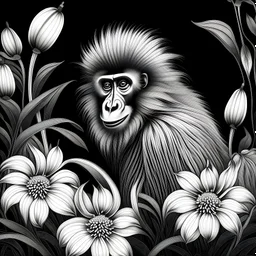 colorless mandrill between seeds and big flowers black background .black and white colors. for a coloring.