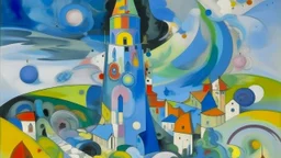 A light bluish gray monastery in a tornado painted by Wassily Kandinsky