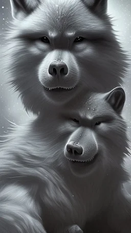 Une créature a l'aspect général d'un primate avec une tête de loup. Son pelage est blanc neige. Il est aveugle et possède un long museau