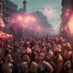 Realistic photo, medium shot view, strong men, carnival scene, steampunk. Women, Drunken, Sunglasses, smoking, happy, hot. Many people background, highly detailed, concept art, unreal engine 5, ray tracing, RTX, lumen lighting, ultra detail, volumetric lighting, 3d, finely drawn, high definition, high resolution.