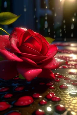 66. Rose petals, sparkling dew drops, realistic, 64k, cgi, 1/300s, solar backlight in the background, beautiful